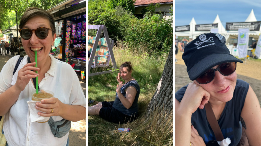 Bildergalerie mit Fotos von Veronika Taig: ein Getränk trinkend, im Schattend sitzend, mit einer Mütze und Sonnenbrille und Wasserflasche
