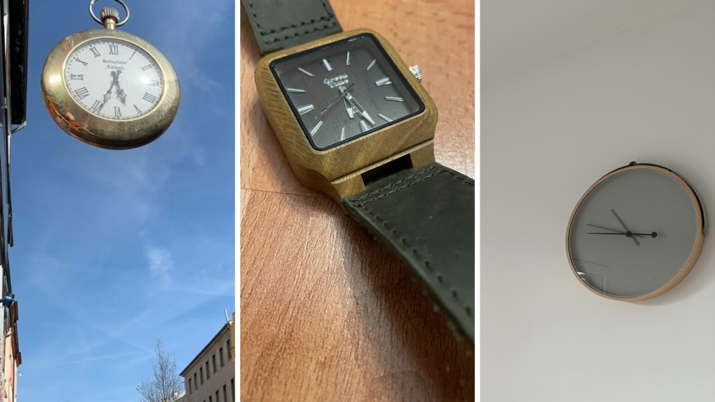 Drei Fotografien unterschiedlicher Uhren: An einem Geschäft, für ein Handgelenk, an der Wand