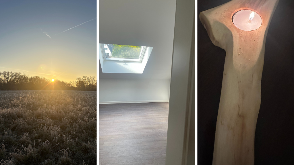 Drei Fotografien unterschiedlicher Lichtquellen: Die Sonne, ein Fenster, eine Kerze